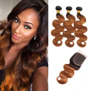 4 Bundles of Body Wave Brown Human Hair Bundles with Closure With 4X4 Lace Free V783