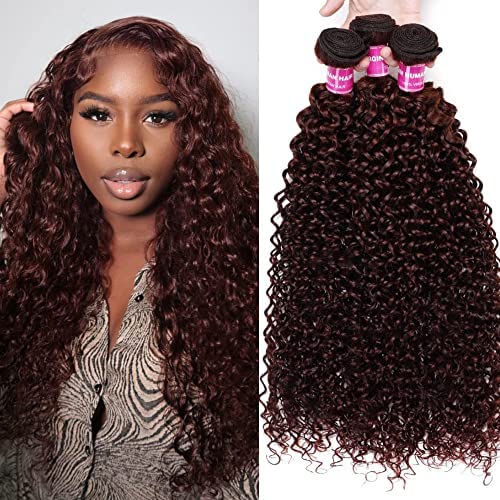 3 Bundles of 10A Reddish Brown Curly Human Hair Weaves V789