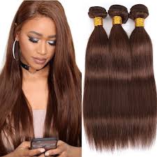 3 Bundles of Medium Brown Indian Straight Human Hair Wig Bundles With Closure Human Hair CD47J