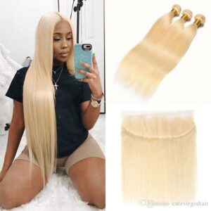 4 Bundles of Blonde Natural Straight Human Hair with Frontal 13x4 Free Part Lace CD53Z